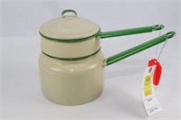 Green and Tan Porcelain Enamelware Double Boiler