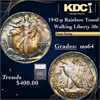 1942-p Walking Liberty Half Dollar Rainbow Toned 5