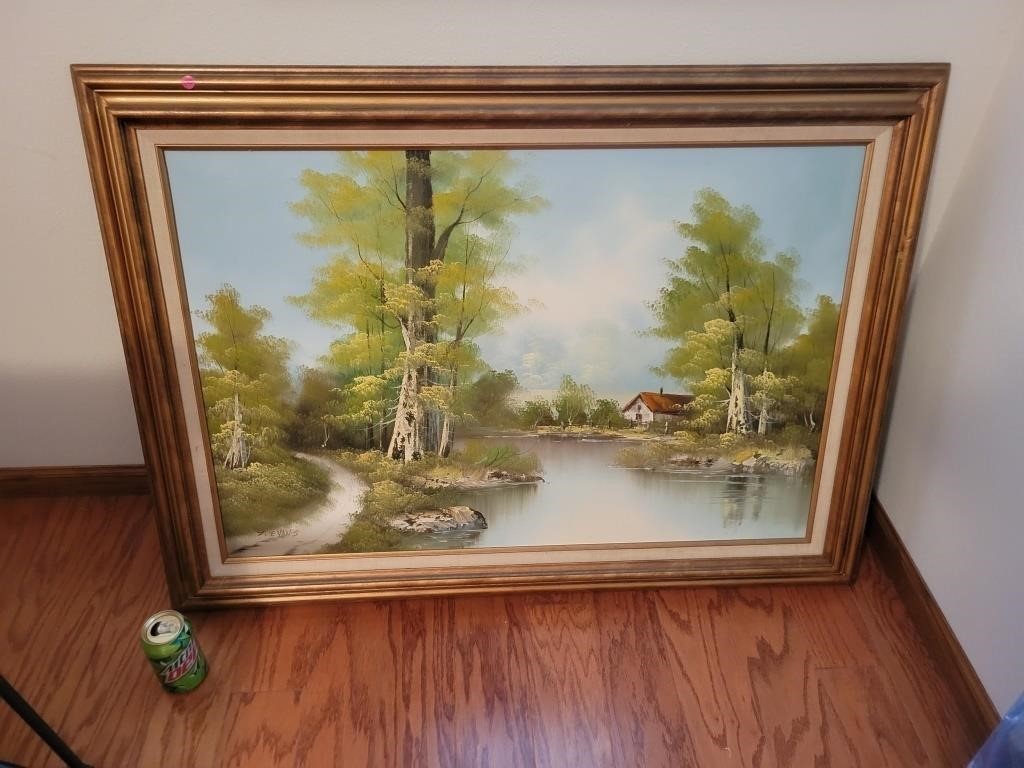 Framed J Evans Lake & House Oil Painting