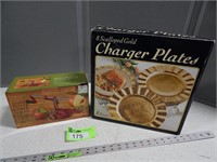 Charger plates and an apple peeler