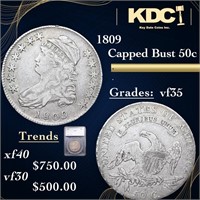 1809 Capped Bust Half Dollar 50c Graded vf35 By SE