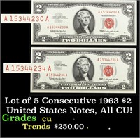 Lot of 5 Consecutive 1963 $2 United States Notes,