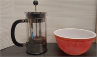 Pyrex bowl and Bodum coffee press maker