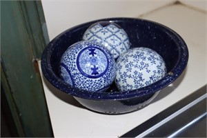 3 Decorative cobalt blue balls and a cobalt blue