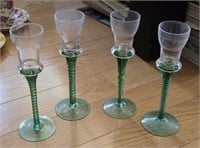 Set of 4 Long Stem Green Glass Candle Holders