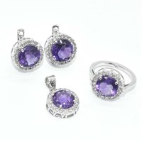 Silver Amethyst(9.45ct) Earring Ring Pendant Set