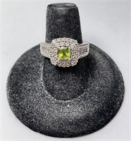 Sterling Faceted Peridot/CZ Halo Ring 4 Gr S- 6.75