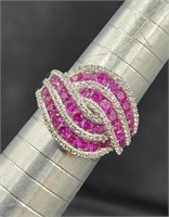 Sterling Ruby Pave Dinner Ring Sz 6.75 Lab Grown