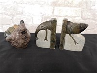 Vintage Stone Art lizard bookends and bird figure