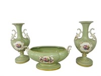 mid century 3 pc Porcelain Pr Vases & Console bowl