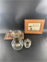 Lot with a glass pitcher and 2 beer signs, etc.