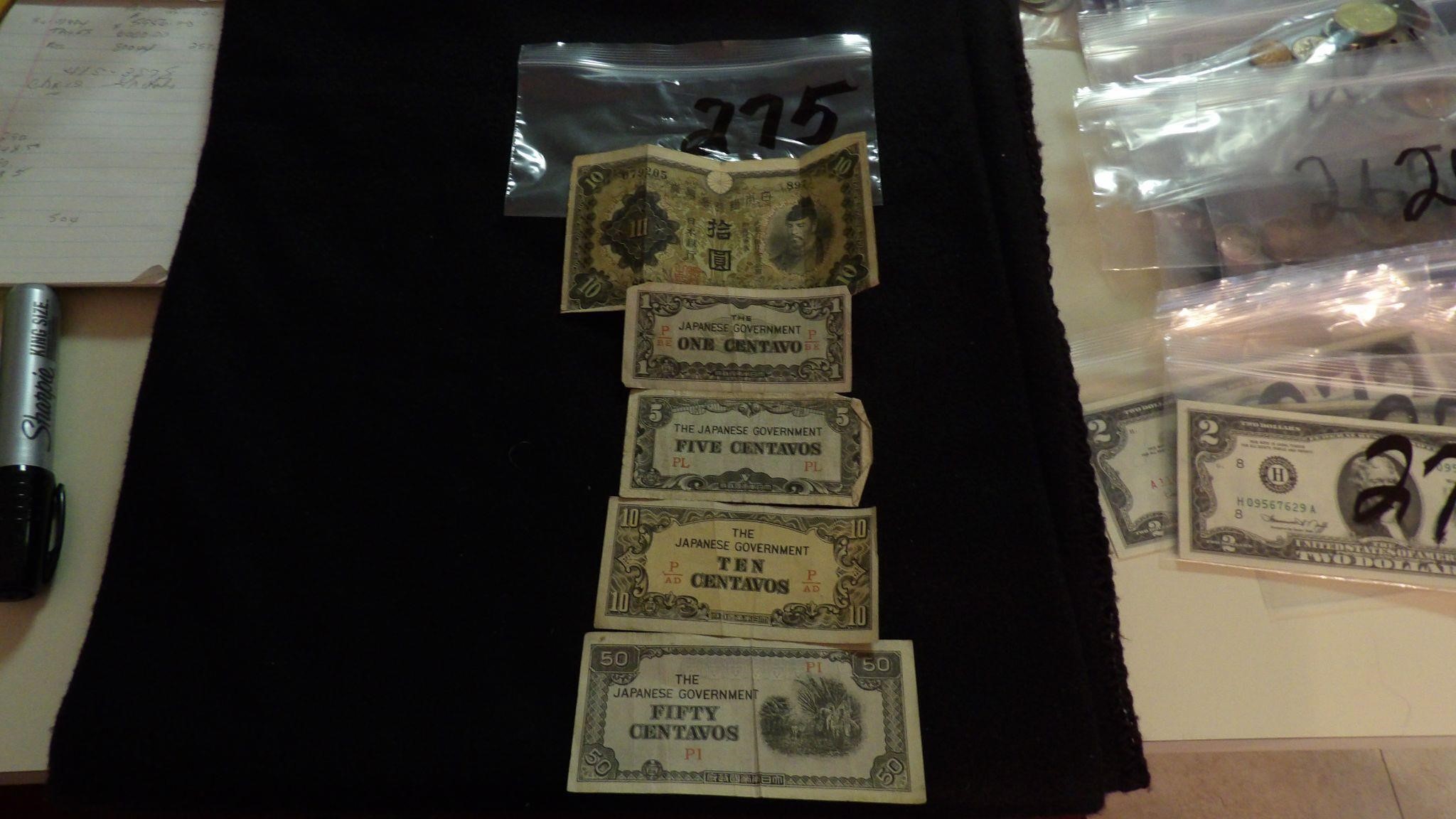 Japanese Currency 1,5,10,50, Centavos +