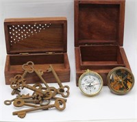 (2) Sm Wood Boxes w/ Skeleton Keys Compasses