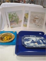 5 Asian prints, blue serving tray, Blue Willow