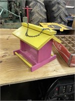 pink and yellow bird feeder with chain 13x13x10.5"