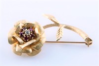 14k Yellow Gold and Ruby Rose Brooch