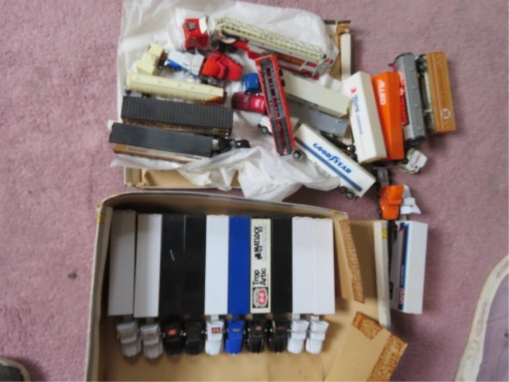 ASSORTMENT OF TOY SEMIS ANDS FIRE TRUCK