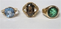 Three 10k gold rings w. semi-precious stones, 13gm