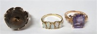 3 14k gold rings set with opals, amethyst & quartz