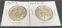 2 - Walking Liberty Half Dollars 1940-S, 1943-D