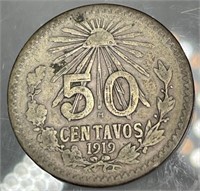 Silver Mexico 50 Centavos 1919