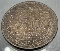 Silver Mexico 50 Centavos 1912