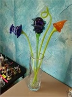 Large Glass Vase & 4 Blown Glass Flowers. Dining R