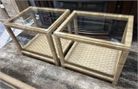 Pair of Glass Top Rattan Style Side Tables