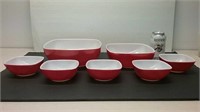 Seven Square Red Pyrex Bowls