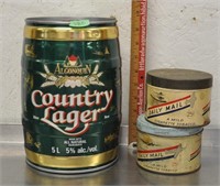 Metal beer keg, Daily Mail tobacco tins