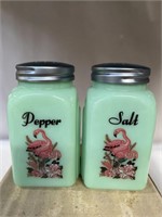 Modern jadeite flamingo salt & pepper shakers 4”