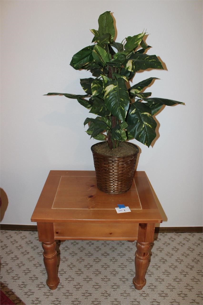 Wood Side table and Faux plant