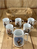 Basket of 6 Norman Rockwell Mugs & Cups