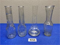 4 Glass Bud Vases, 10" Tall