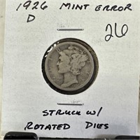 1926-D MERCURY SILVER DIME STRUCK W ROTATED DIES