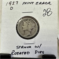 1927-D MERCURY SILVER DIME STRUCK W ROTATED DIES