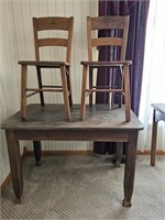 EARLY WOODEN KITCHEN TABLE & 2 CHAIRS