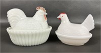 Two Vintage Milk Glass Hen on a Nest