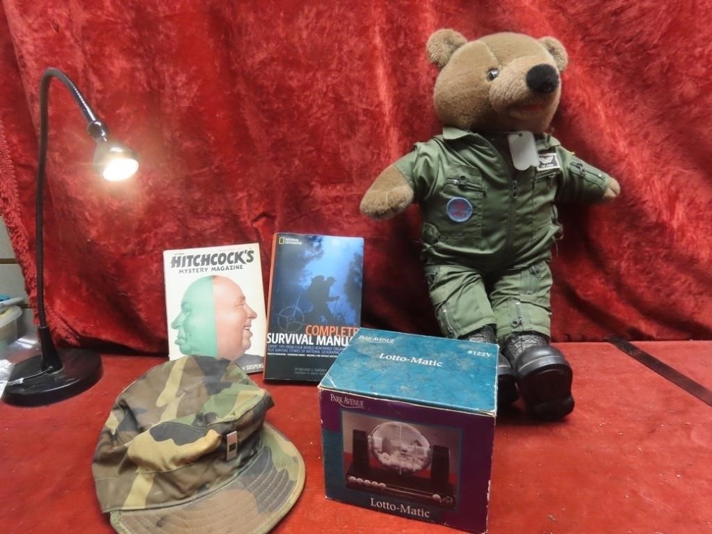 Army teddy bear, lotto game, books.