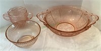 Lot of three pink depression glass pieces -