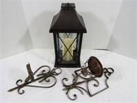 2 Metal Sconces & Candle Lantern