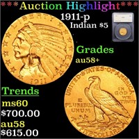 *Highlight* 1911-p Indian $5 Graded au58+