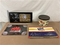 Vintage Dayco NASCAR clock, tin, empty boxes