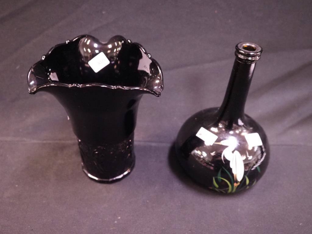 Black glass: 7" vase Dancing Nymphs pattern