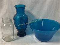 Retro blue art deco glass vase