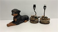 16x8.5’’ Rottweiler statue and (2) bears in boats