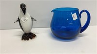 Blenko style cobalt blue art glass pitcher with