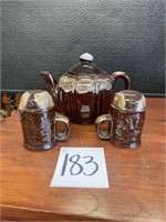 brown drip glaze teapot and rooster s&p shakers