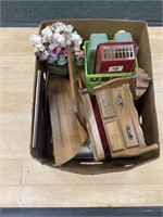 Box lot with a wooden jewelry box, wall shelf,
