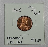 1955  Lincoln Cent  MS-64 RD   Poorman's DBL Die